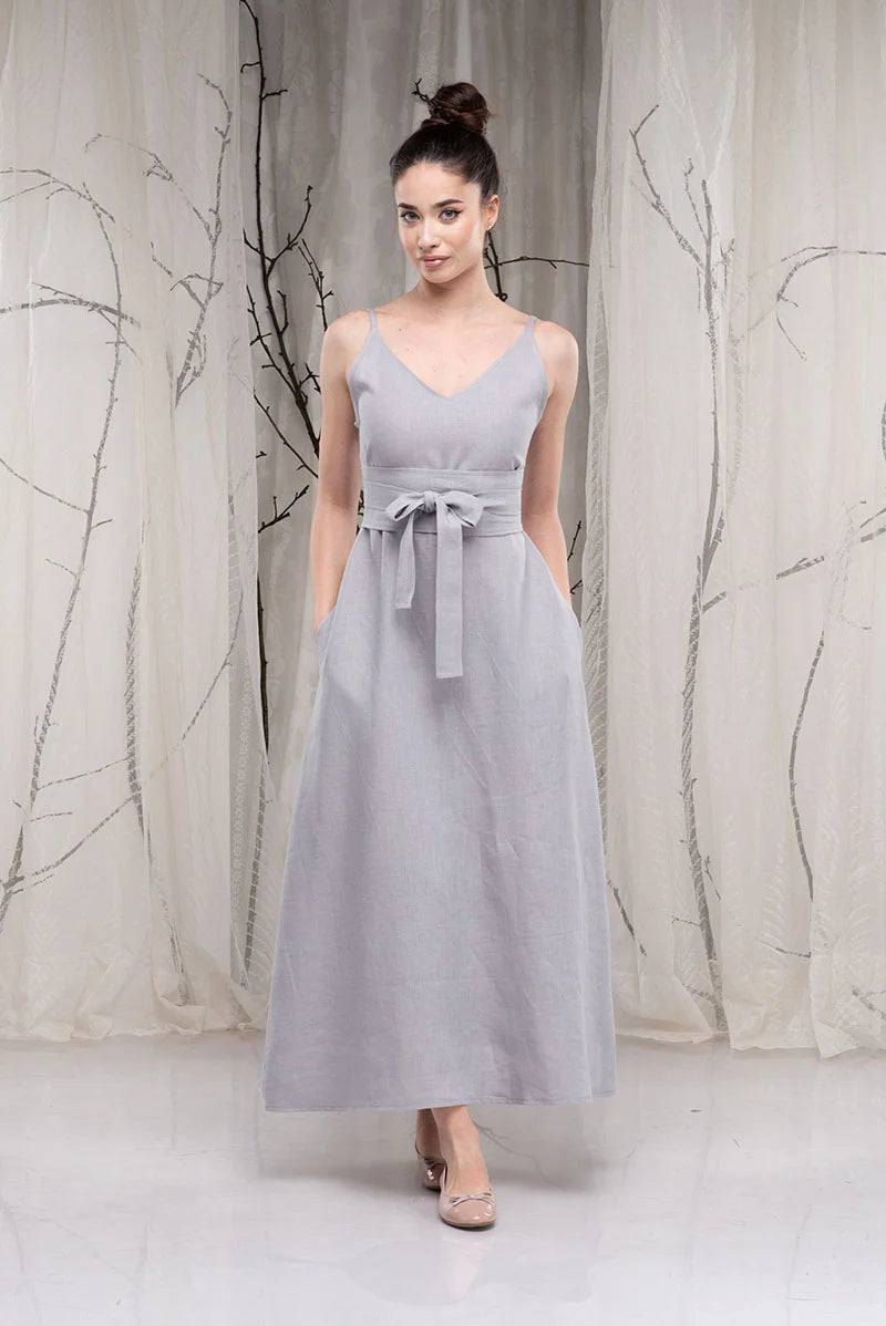 Long Linen Spaghetti Strap Dress with Obi Belt