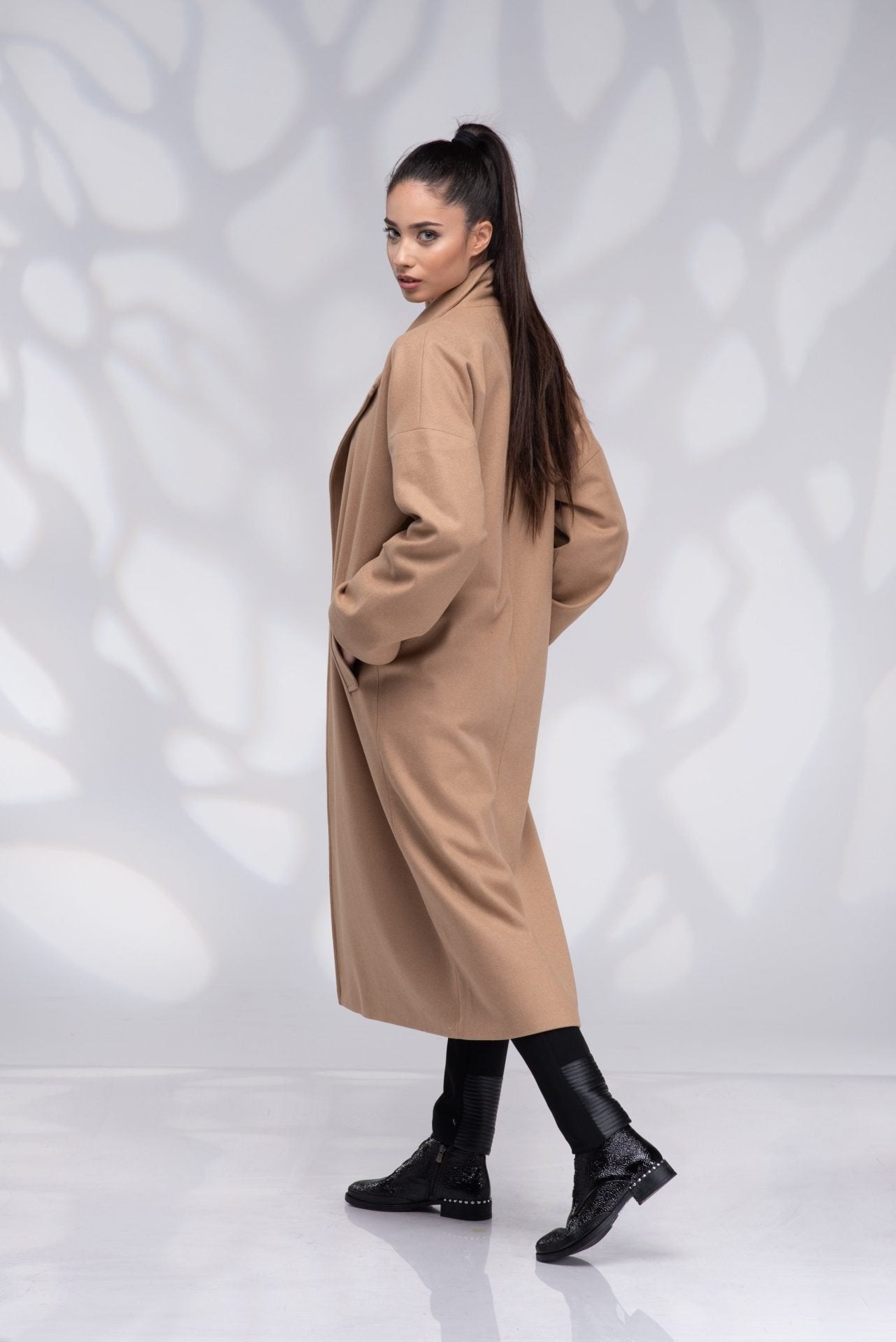 Long Wrap Camel Wool Coat Plus Size with Belt