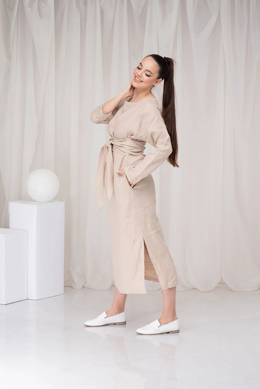 Linen Summer Dress with Long Sleeves and Side Slit