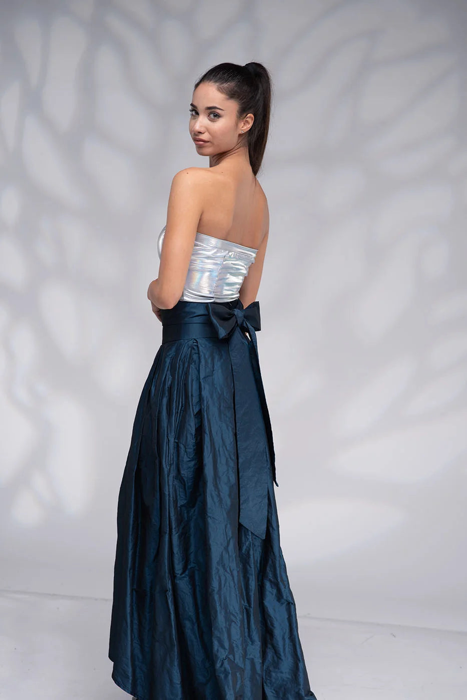 Long Navy Blue Taffeta Skirt with Tie Sash Bow - Formal High Low