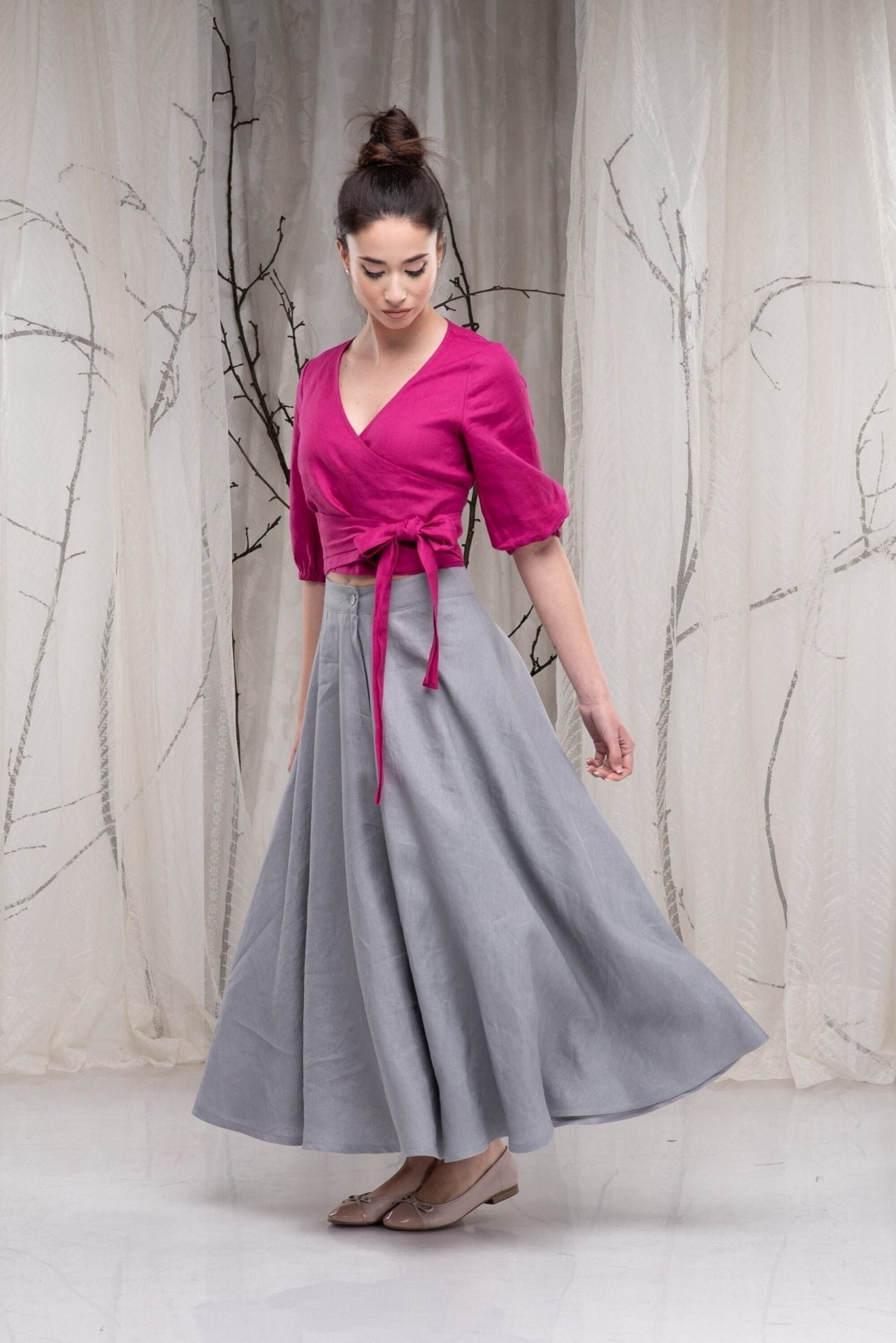Linen Full Circle Flared Plus Size Long Skirt with Pockets