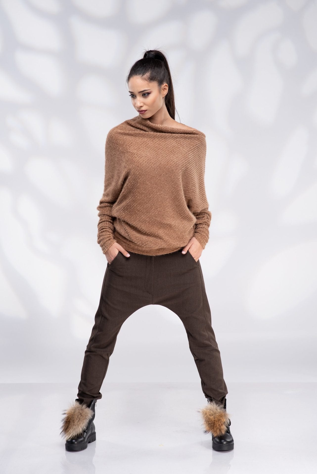 Off Shoulder Camel Sweater
