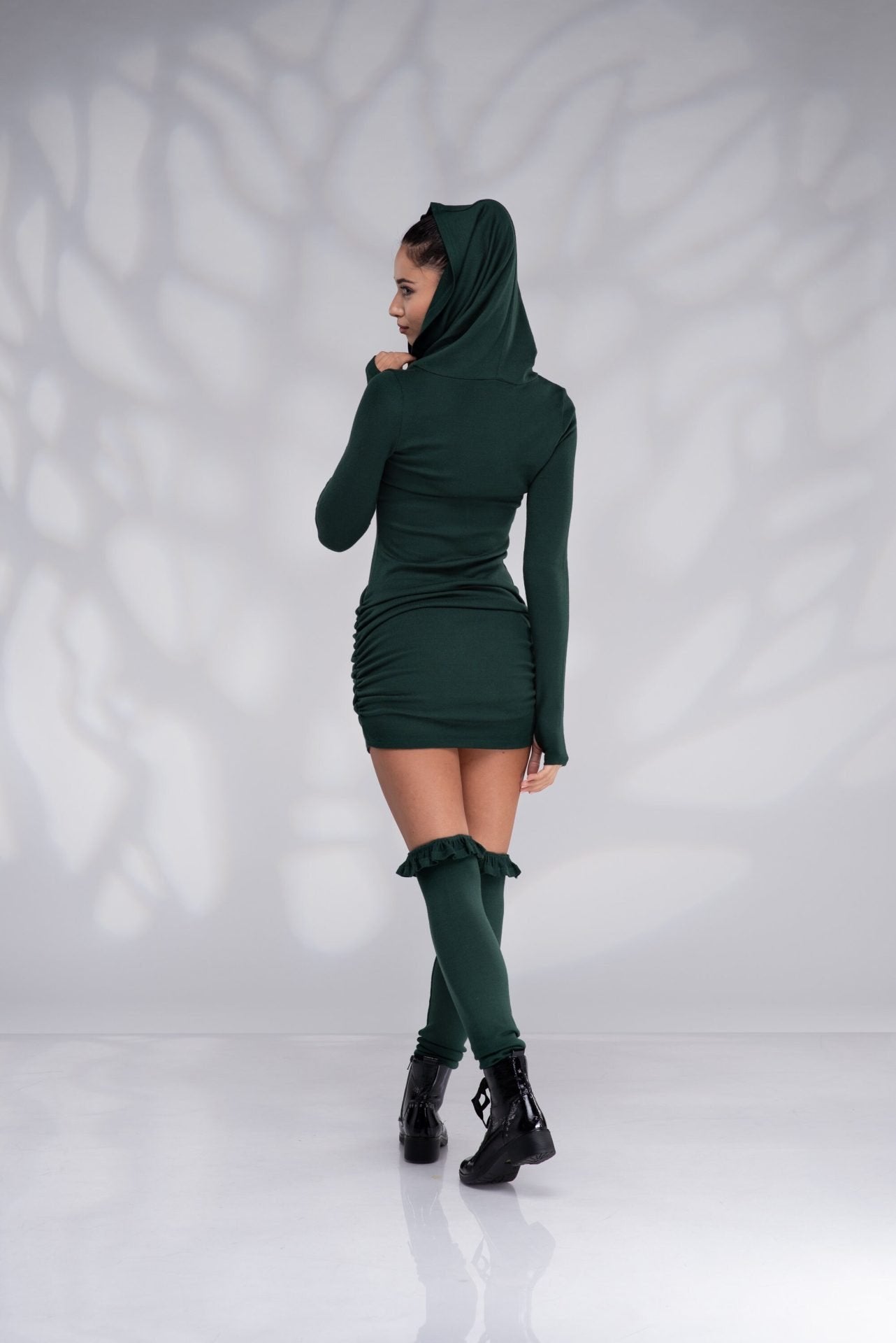 Hooded Mini Knitted Dress Sweater Tunic with Cowl Hood