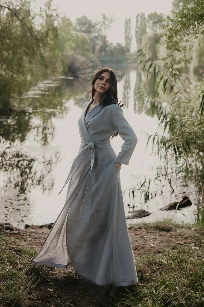 Bridesmaid Light Gray Linen Maxi Dress with Long Shawl Collar and Line Bridesmaid Light Gray Linen Maxi Dress with Long Shawl Collar and Line
