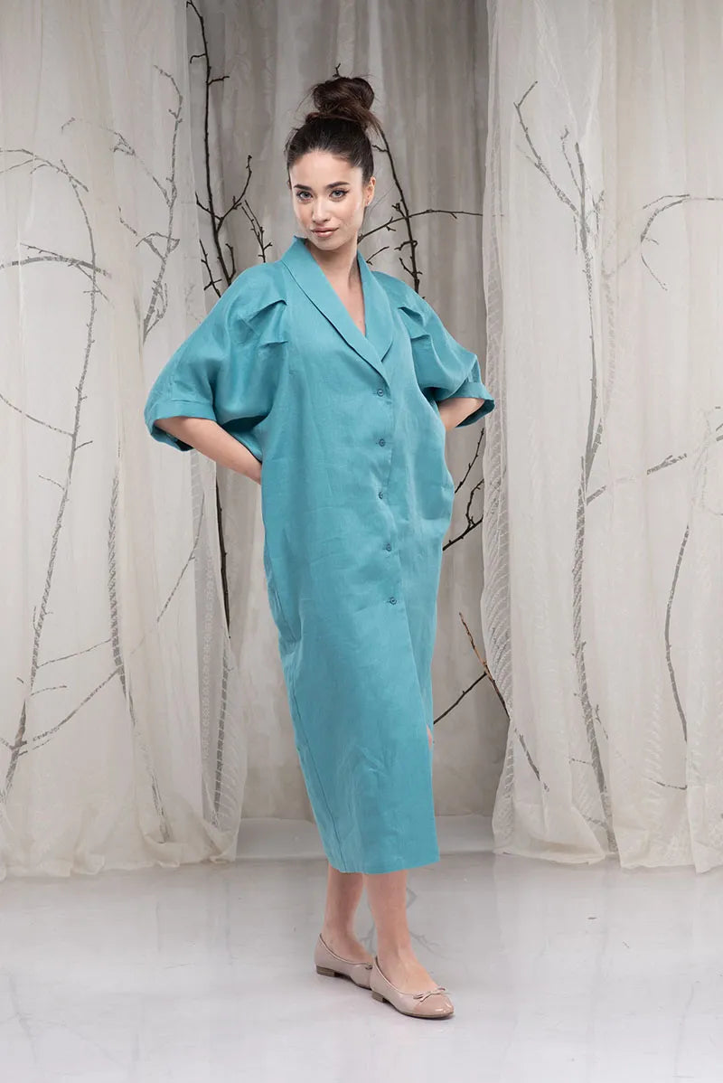 Linen Front Button Boho Dress with Shawl Collar