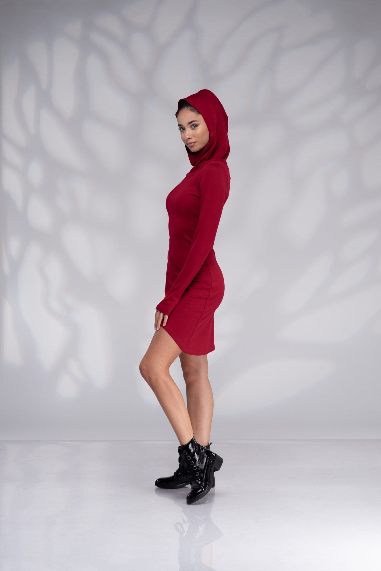 Hooded Asymmetrical Burgundy Mini Dress with Cowl Hood