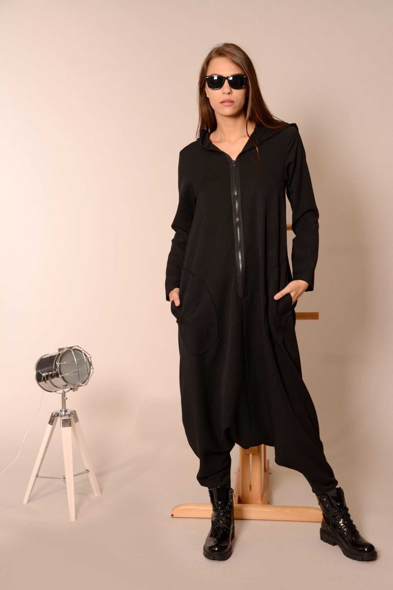 Black Plus Size Harem Hooded Maxi Romper