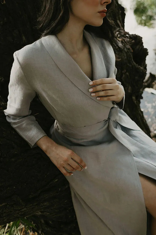 Bridesmaid Light Gray Linen Maxi Dress with Long Shawl Collar and Linen Belt