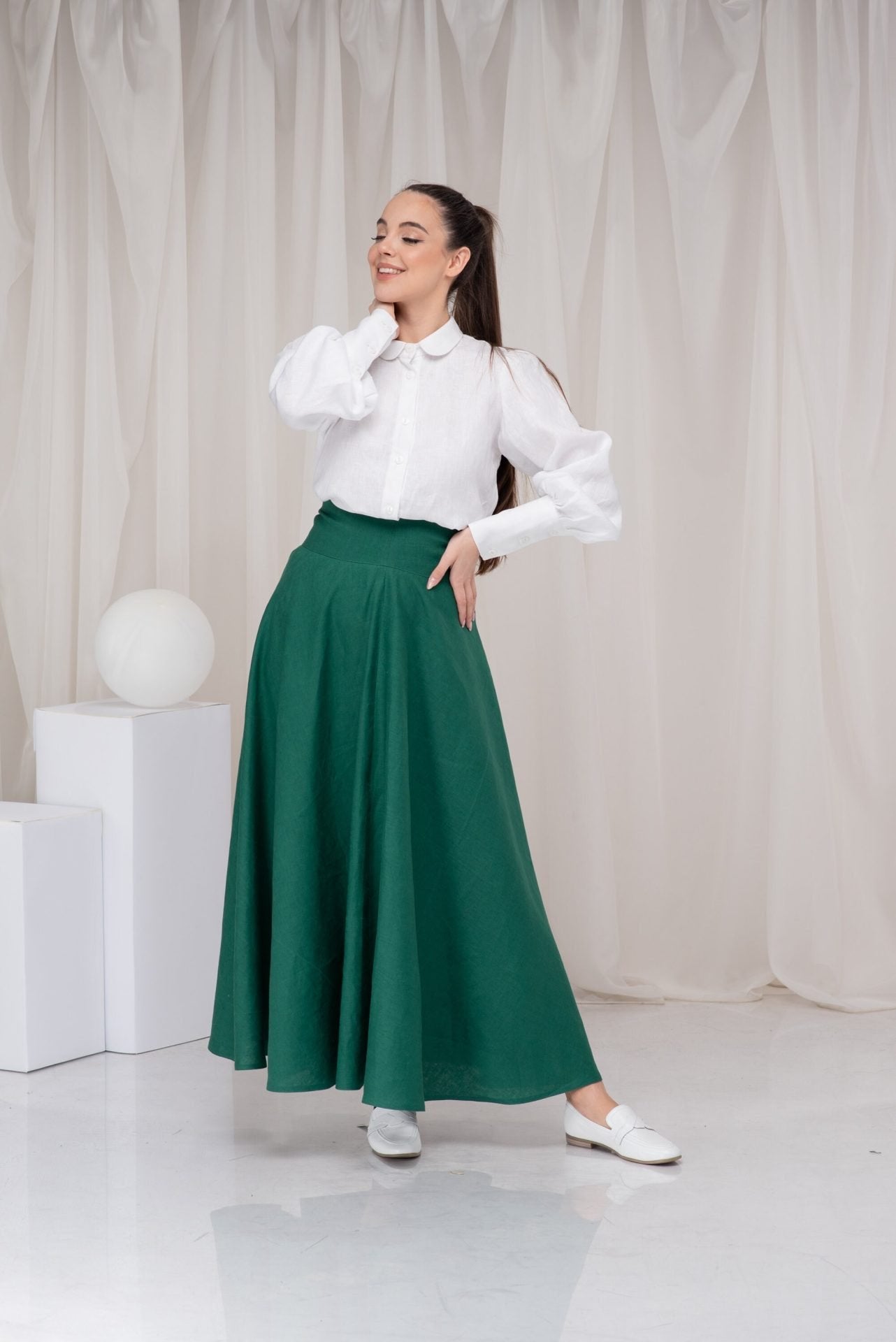 Long Green Linen Full Circle Skirt with Pockets