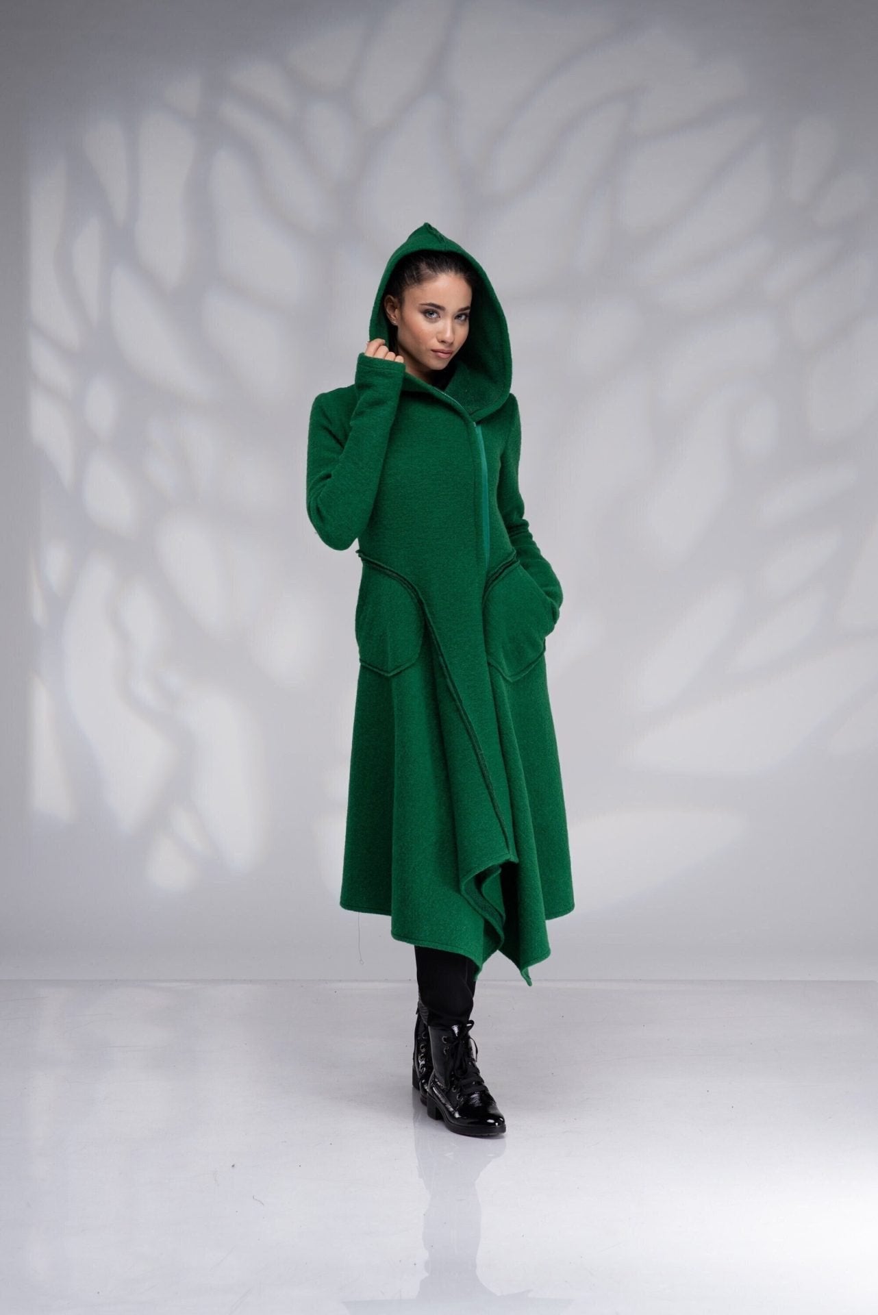 Green Boiled Wool Coat Hooded Winter Long with Zipper