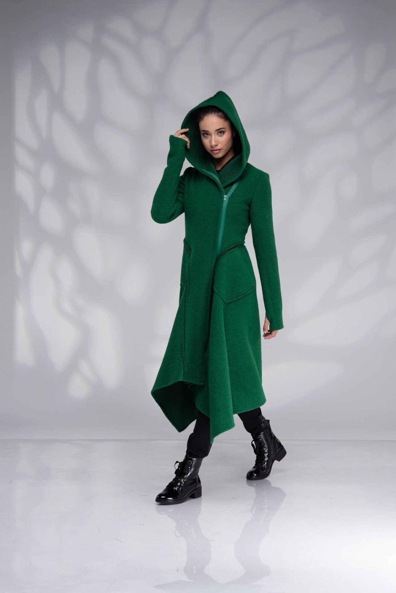 Green Boiled Wool Coat Hooded Winter Long with Zipper