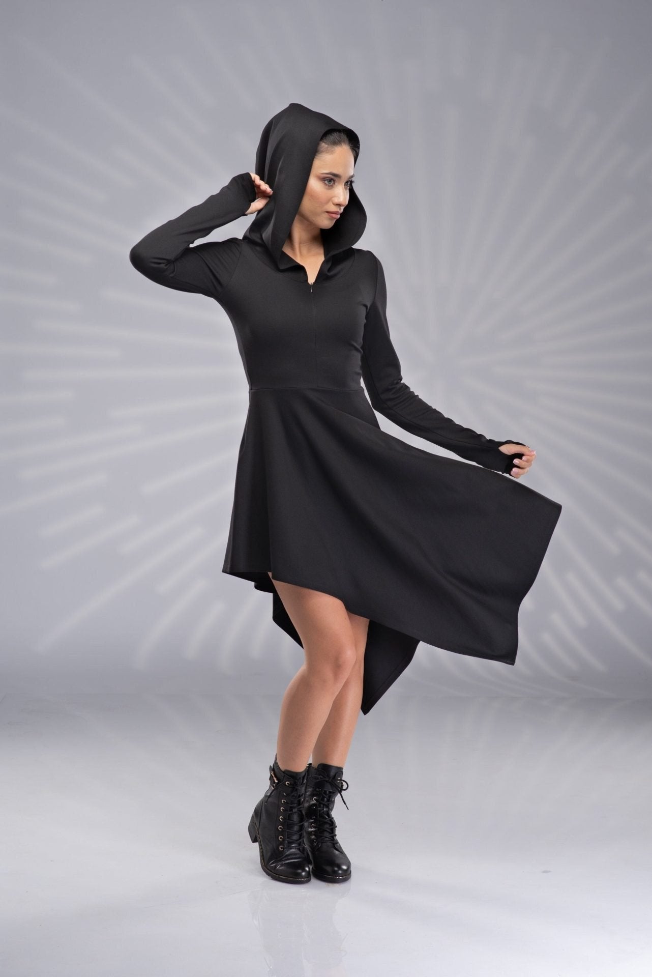 Hooded Elven Sexy Black Winter Pixie Asymmetrical Dress