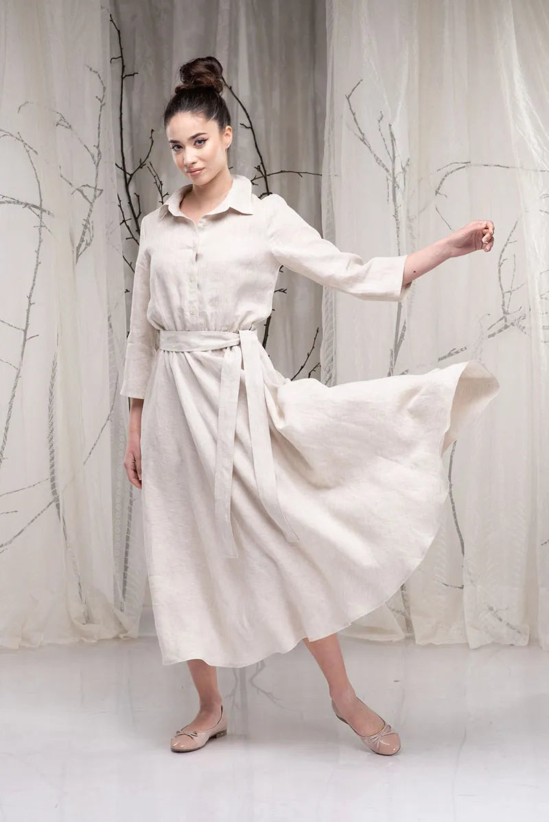 Linen Vintage 1950s Swing Dress with Buttons up