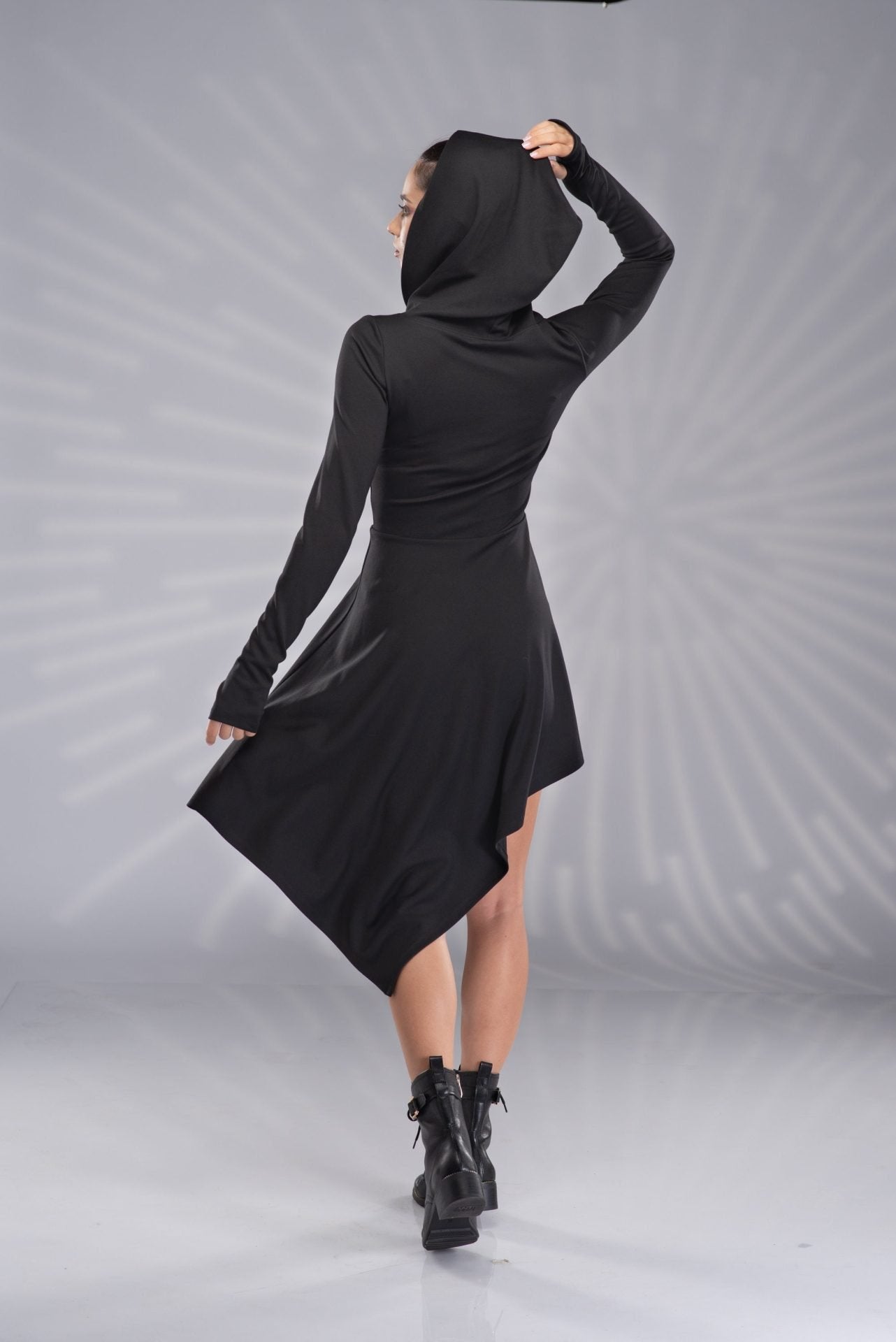 Hooded Elven Sexy Black Winter Pixie Asymmetrical Dress