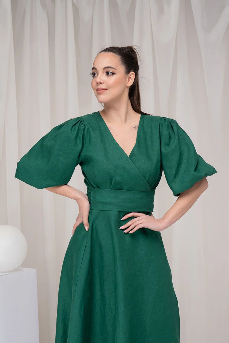 Linen Midi Wrap Dress with Belt and Balloon Sleeve