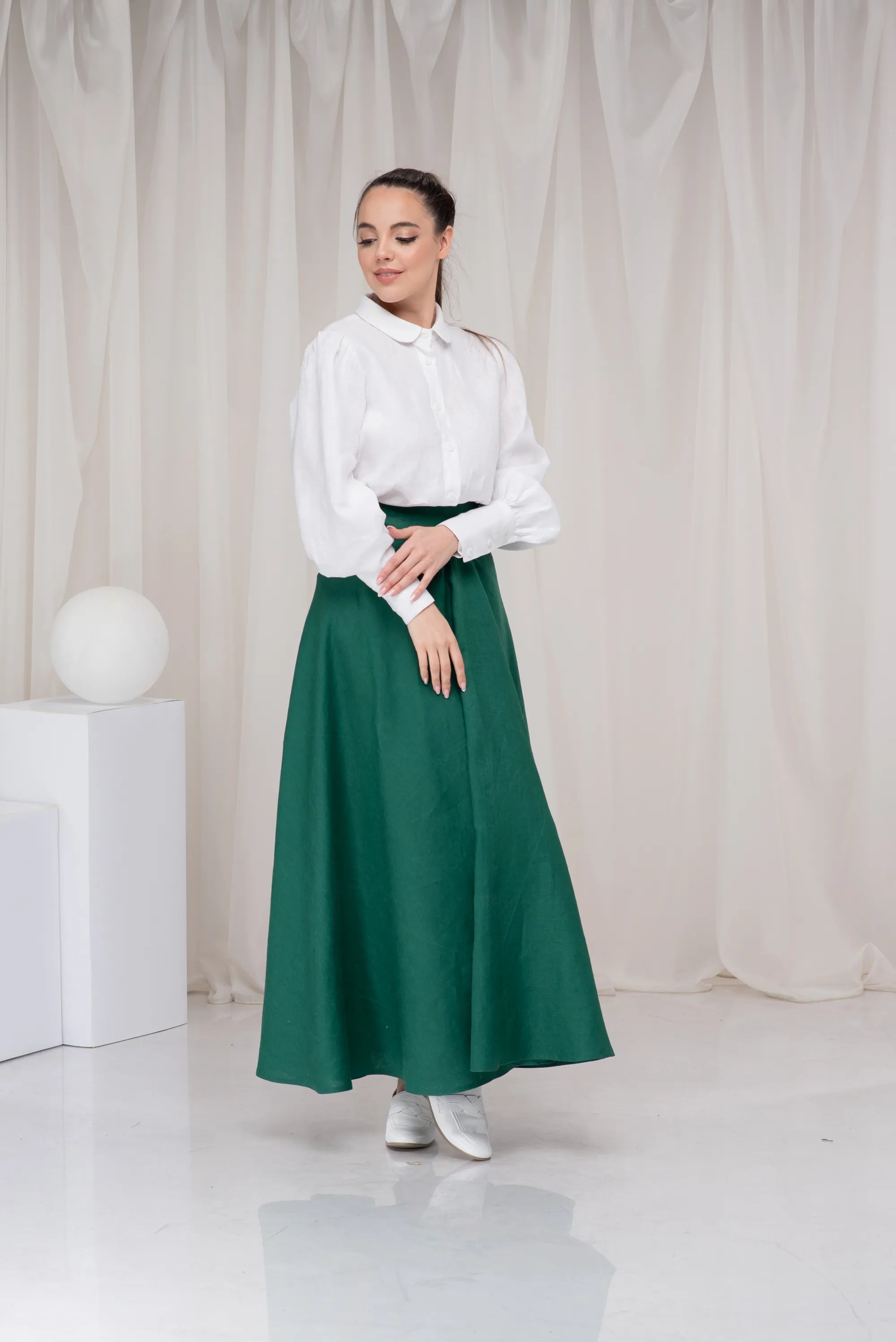 White Linen Victorian Collared Button up Top with Bishop Sleeves-Danellys-3.webp
