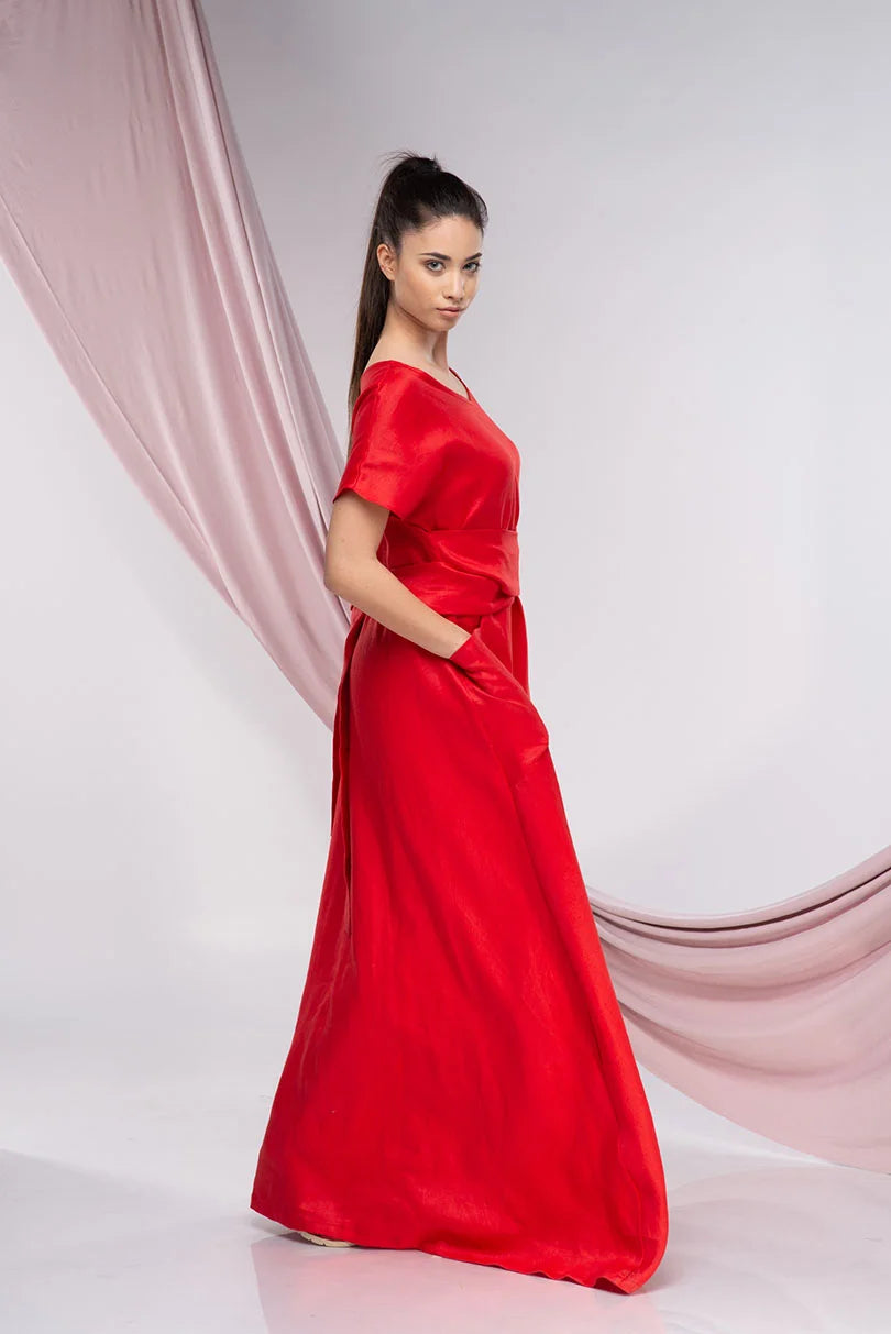 Red Linen Plus Size Cocktail Maxi Dress