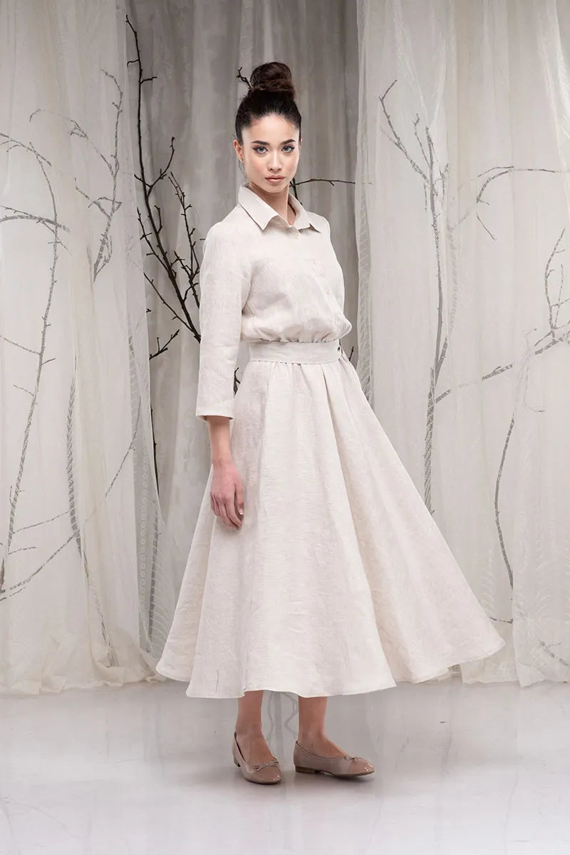 Linen Vintage 1950s Swing Dress with Buttons up