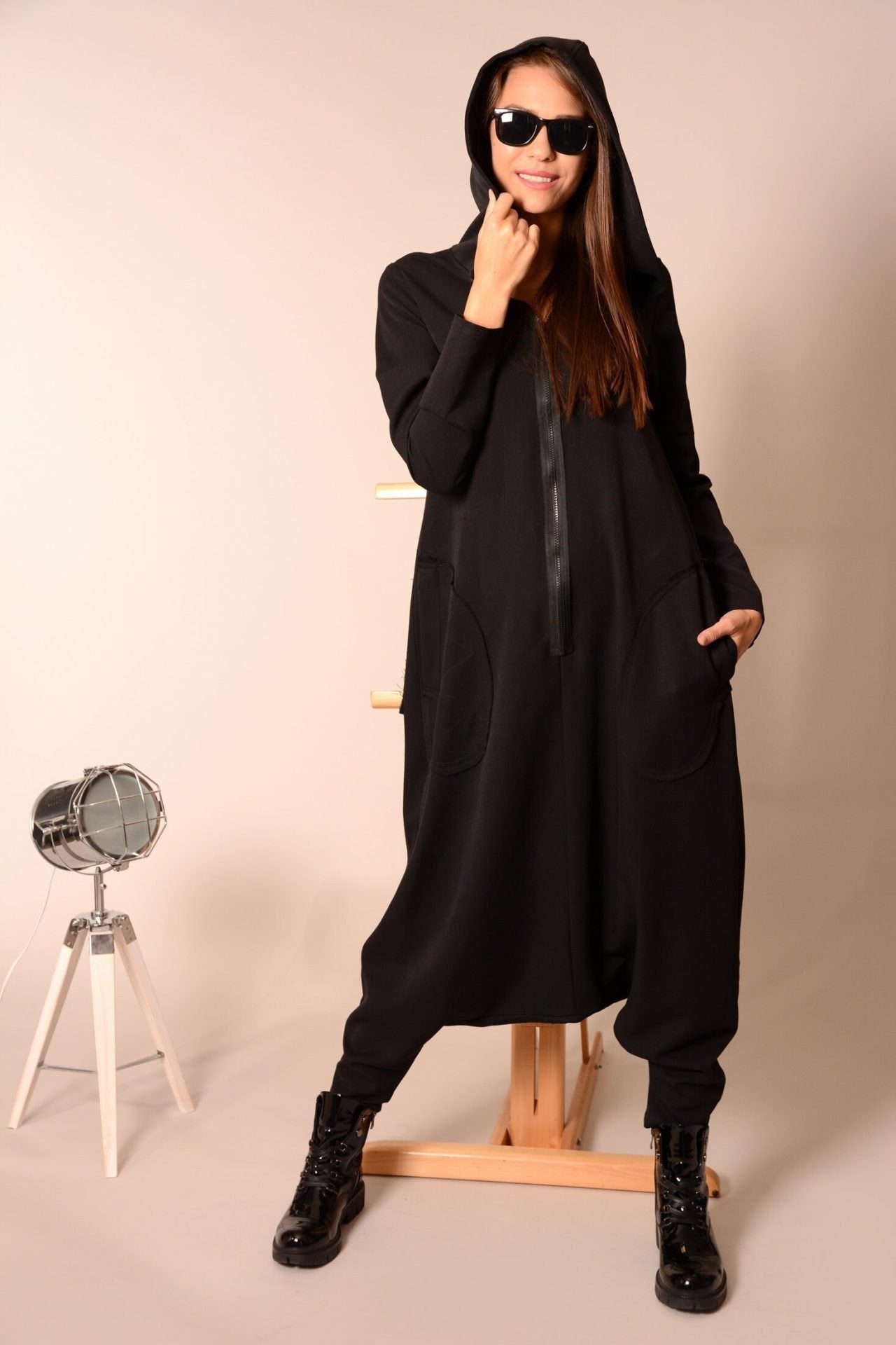 Black Plus Size Harem Hooded Maxi Romper
