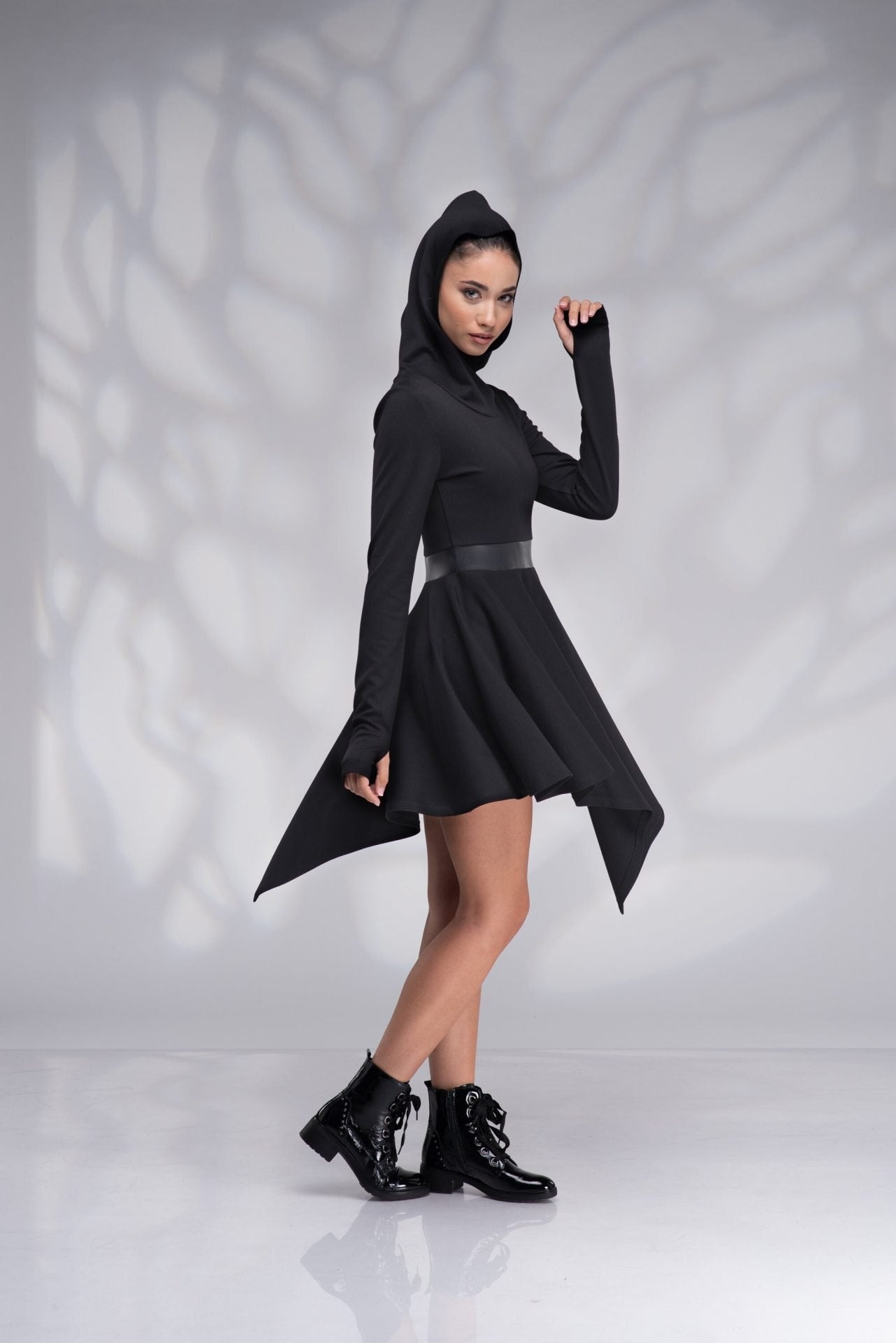 Hooded Winter Elven Mini Dress with Thumb Holes
