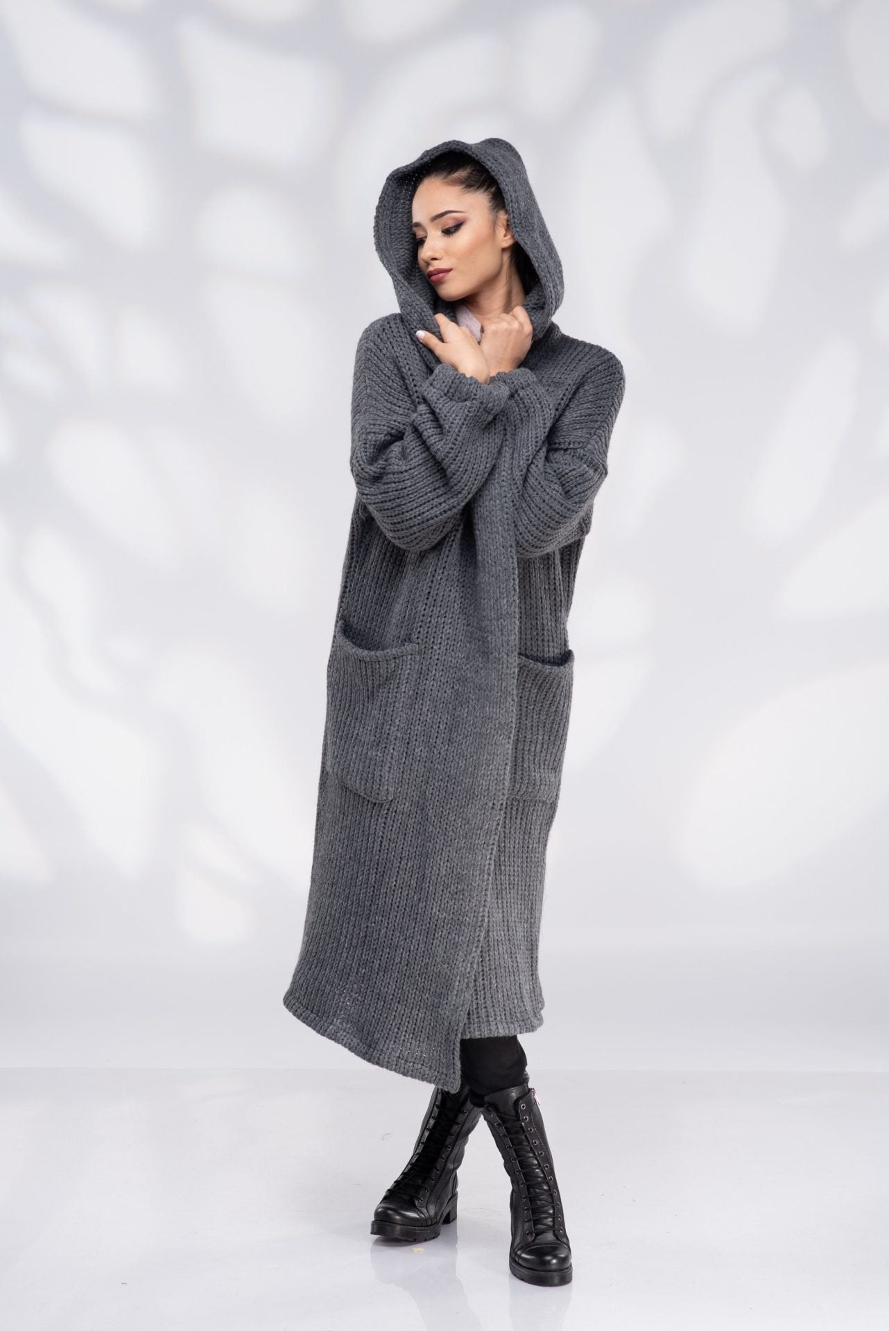 Knit Wool Sweater Coat Long Hooded Cardigan
