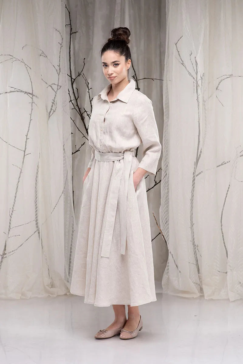 Linen Vintage 1950s Swing Dress with Buttons up