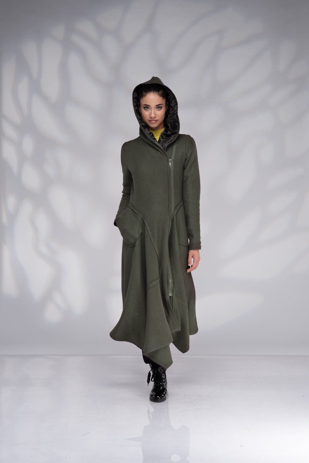 Hooded Boiled Wool Coat with Zip