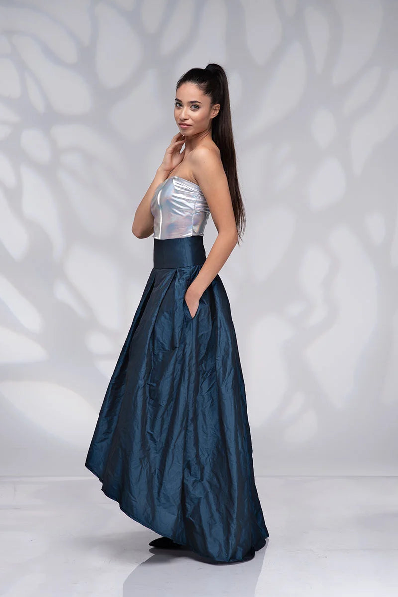 High Waist Taffeta Skirt - Maxi Teal Blue Bridesmaid Skirt
