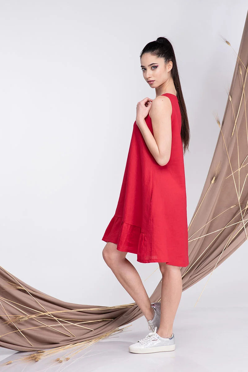 Red Linen Short A line Summer Dress