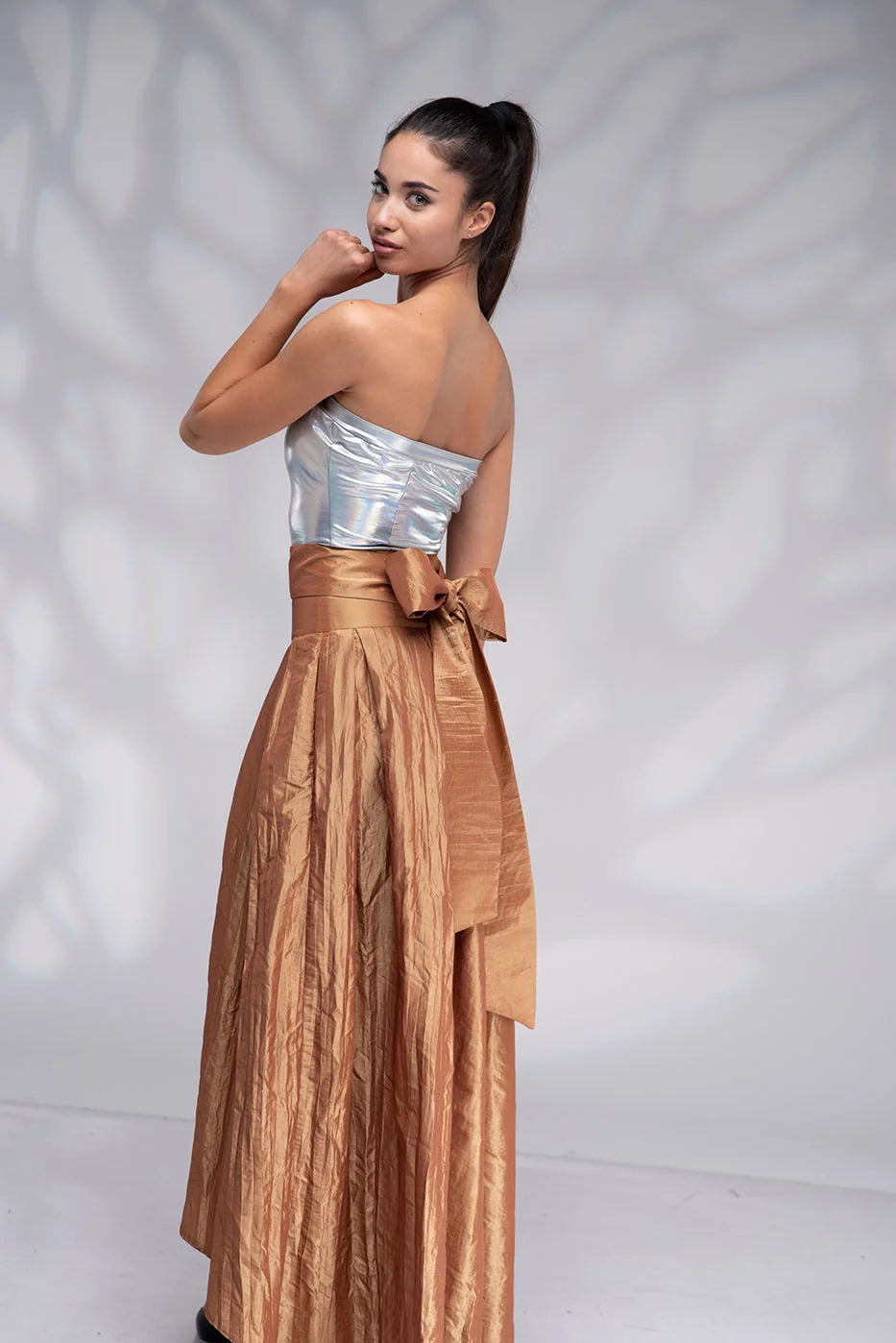 Long Gold Taffeta Skirt with Tie Sash Bow - Bridal High Low