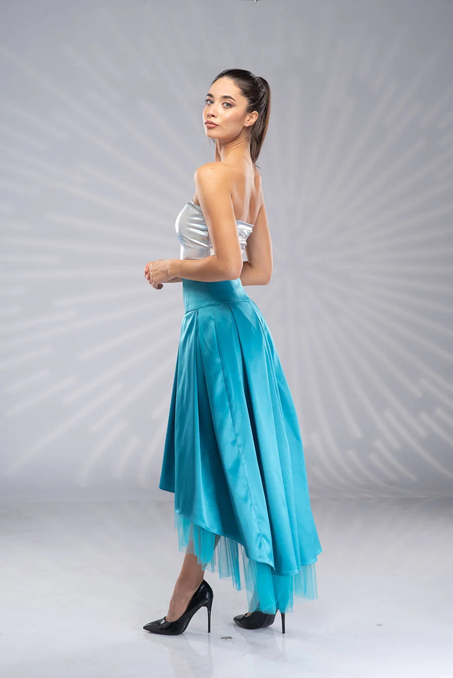 Long Turquoise Satin Skirt - High Low Bridal Tulle Skirt