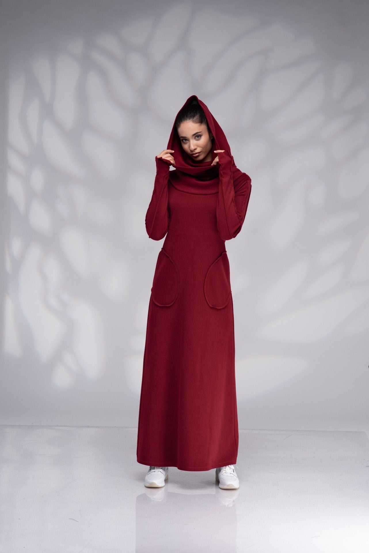 Long Winter Maxi Elven Sweatshirt Dress with Cowl Hood and Thumb Hole Sleeves