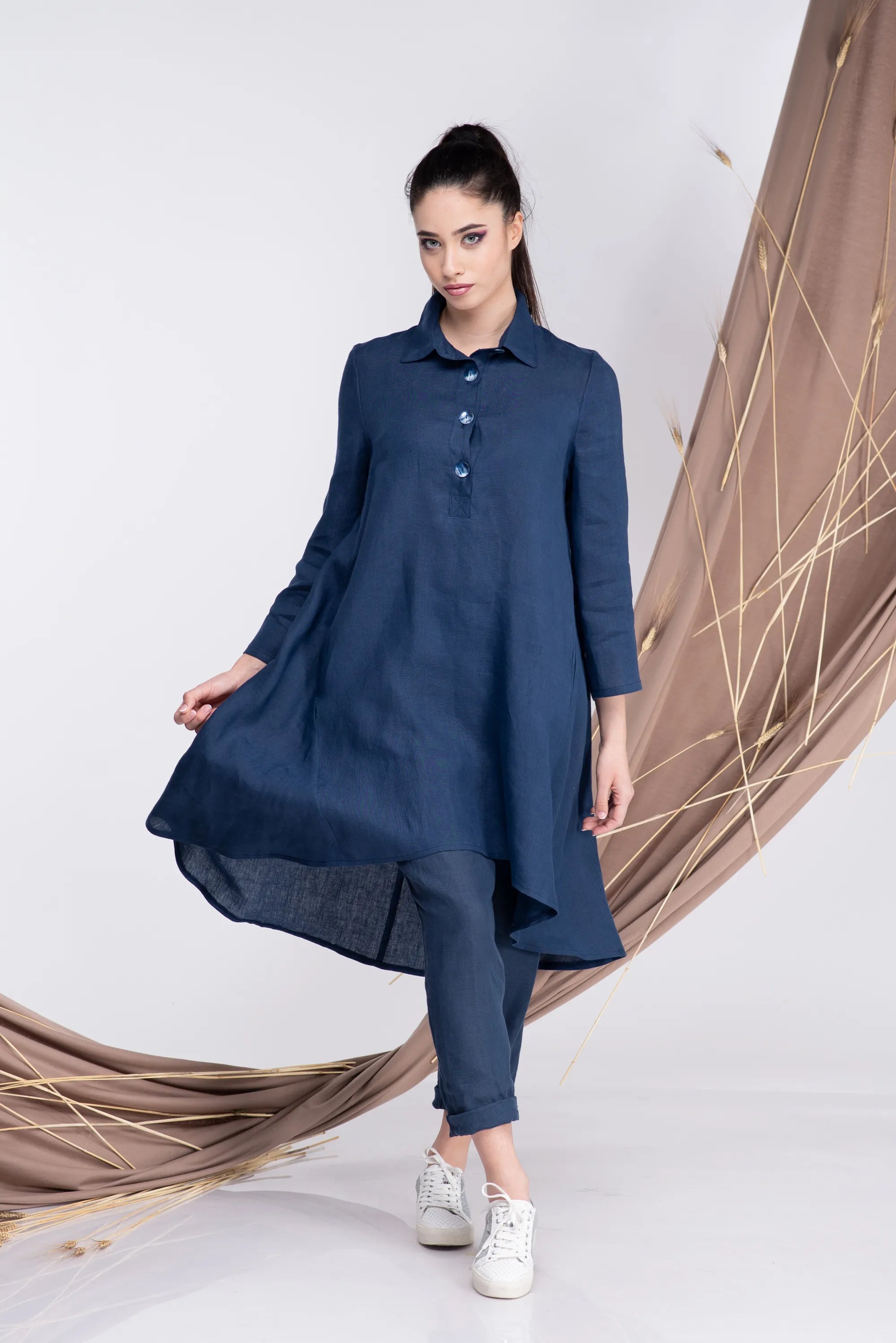 Linen Long Plus Size Button Asymmetrical Tunic Shirt-Danellys-2.webp