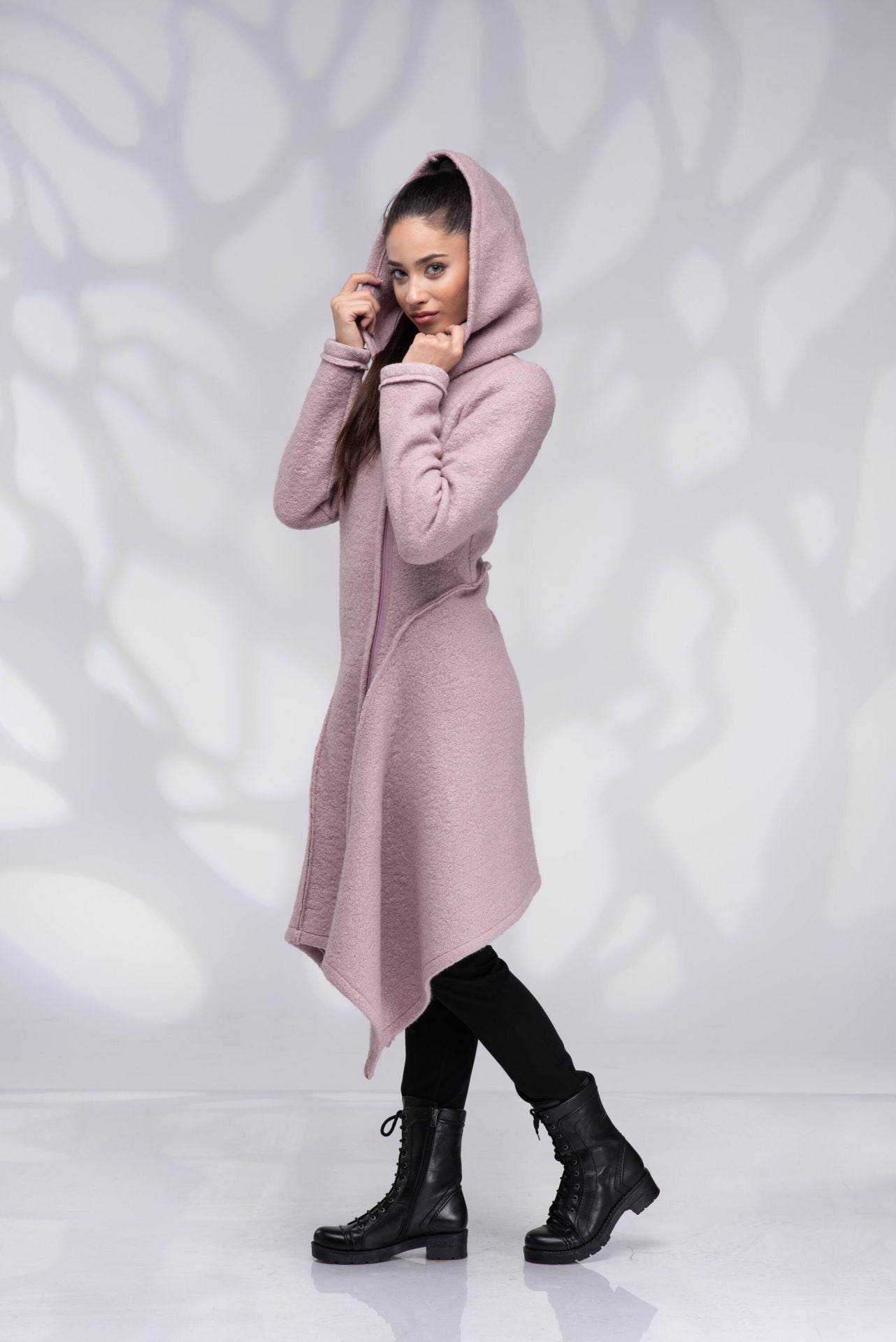 Wool Coat Winter Hooded Assymetrical with Zip