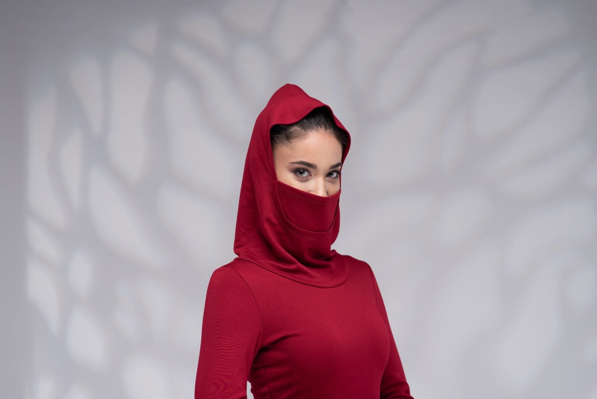 Hooded Asymmetrical Burgundy Mini Dress with Cowl Hood