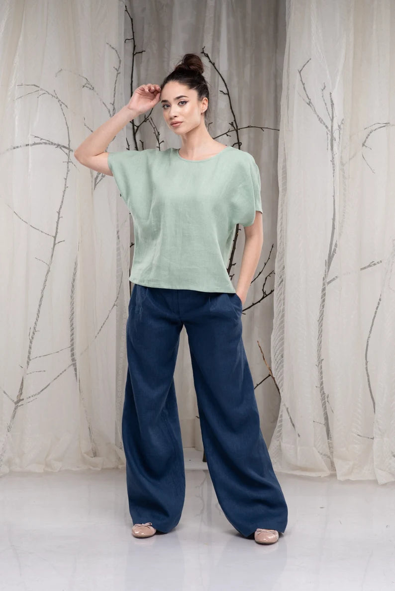 Linen Wide Leg Casual Summer Pants with Elastic Waist-Danellys-3.webp