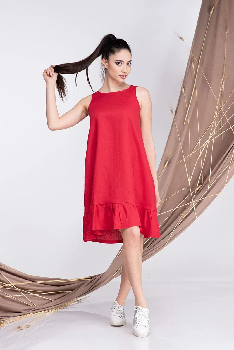 Red Linen Short A line Summer Dress