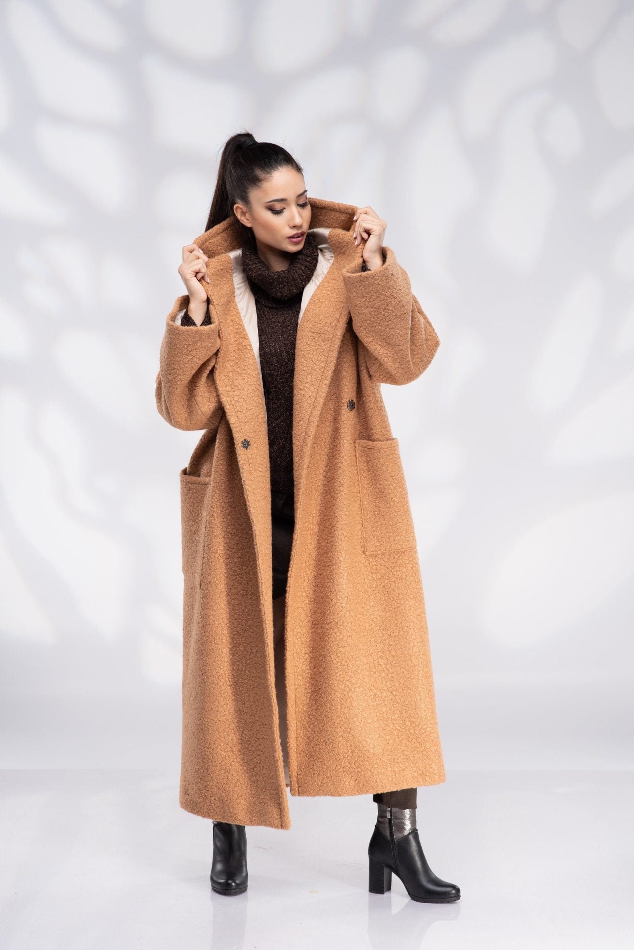 Wool Hooded Camel Plus Size Coat