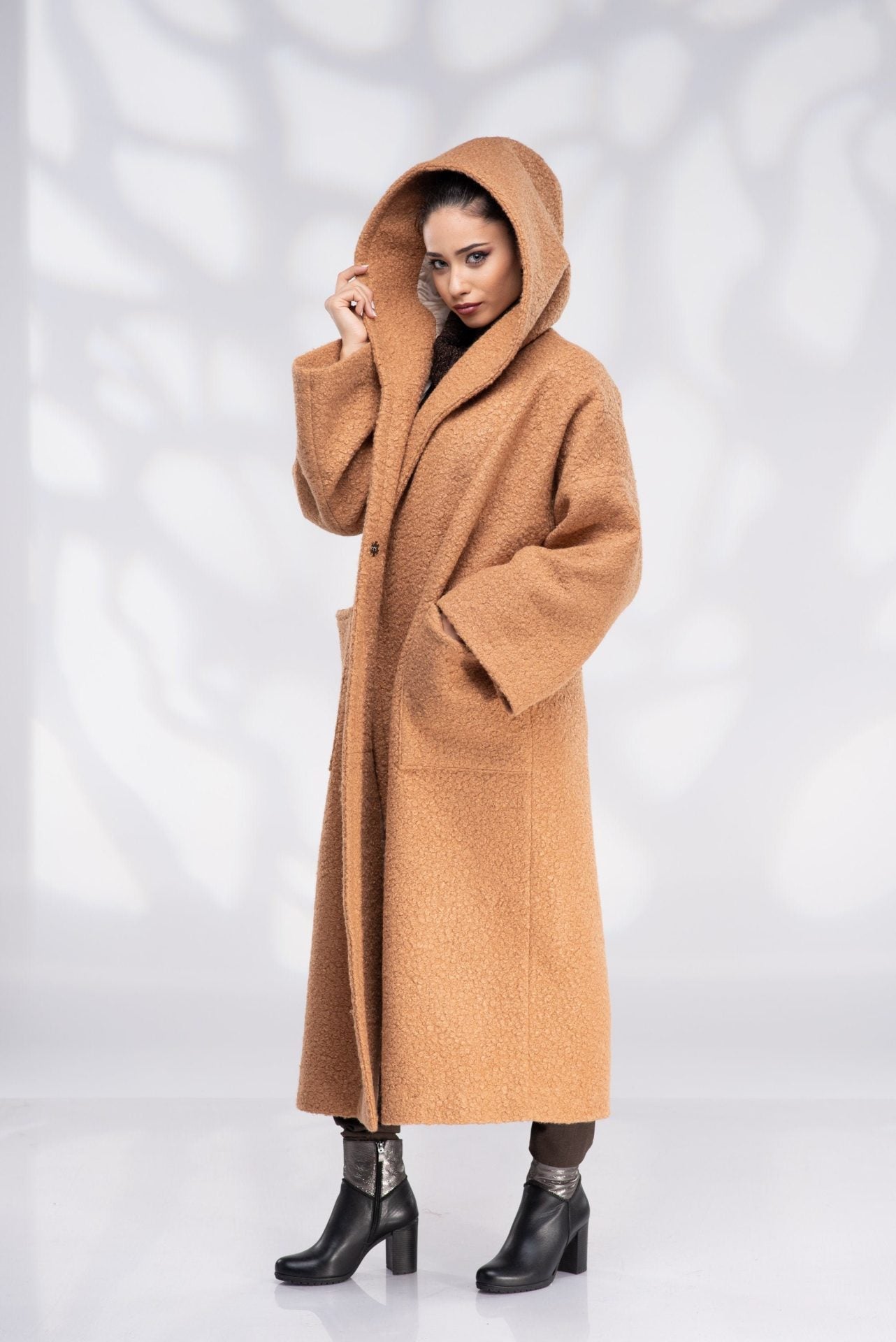Wool Hooded Camel Plus Size Coat