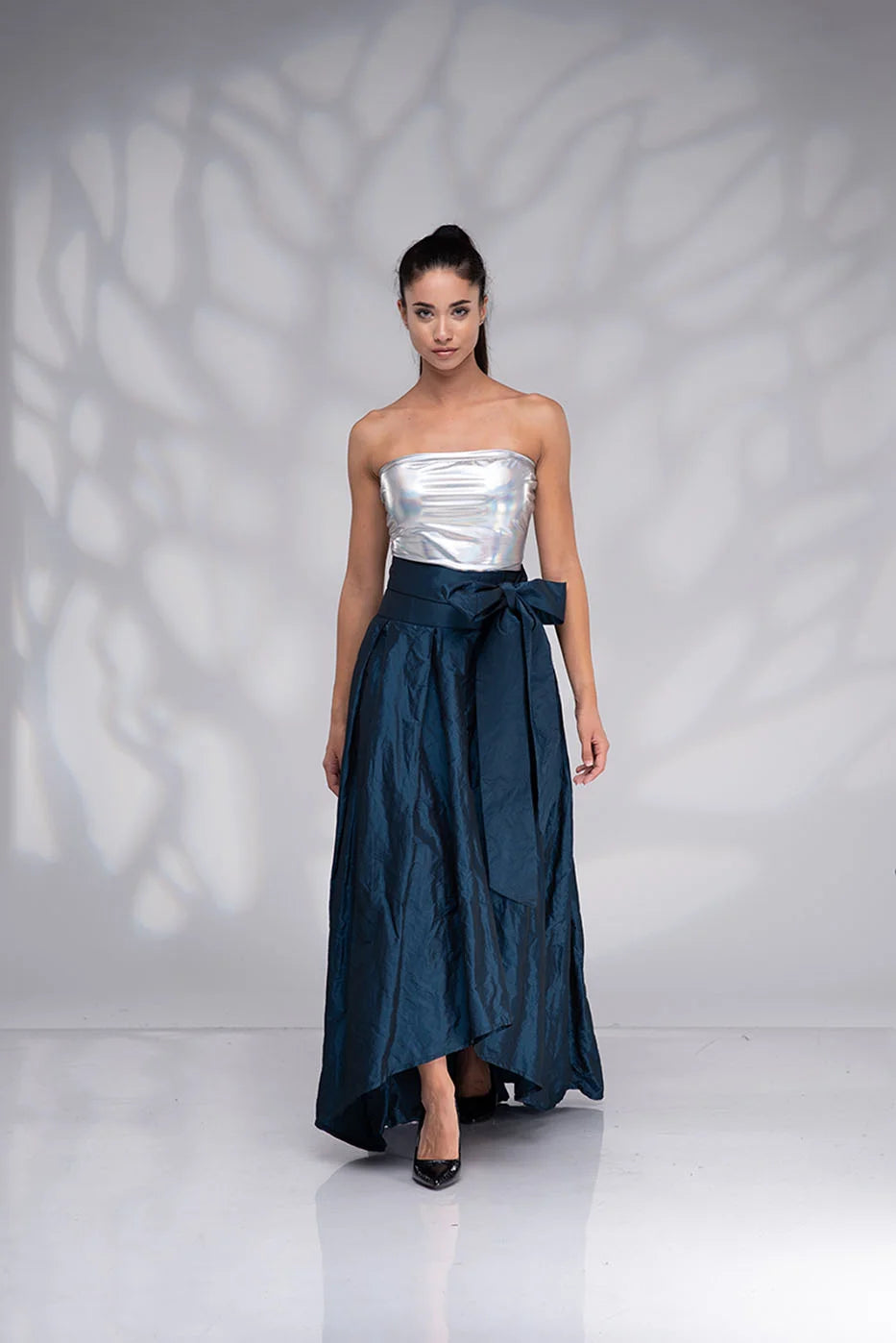 Long Gold Taffeta Skirt with Tie Sash Bow - Bridal High Low