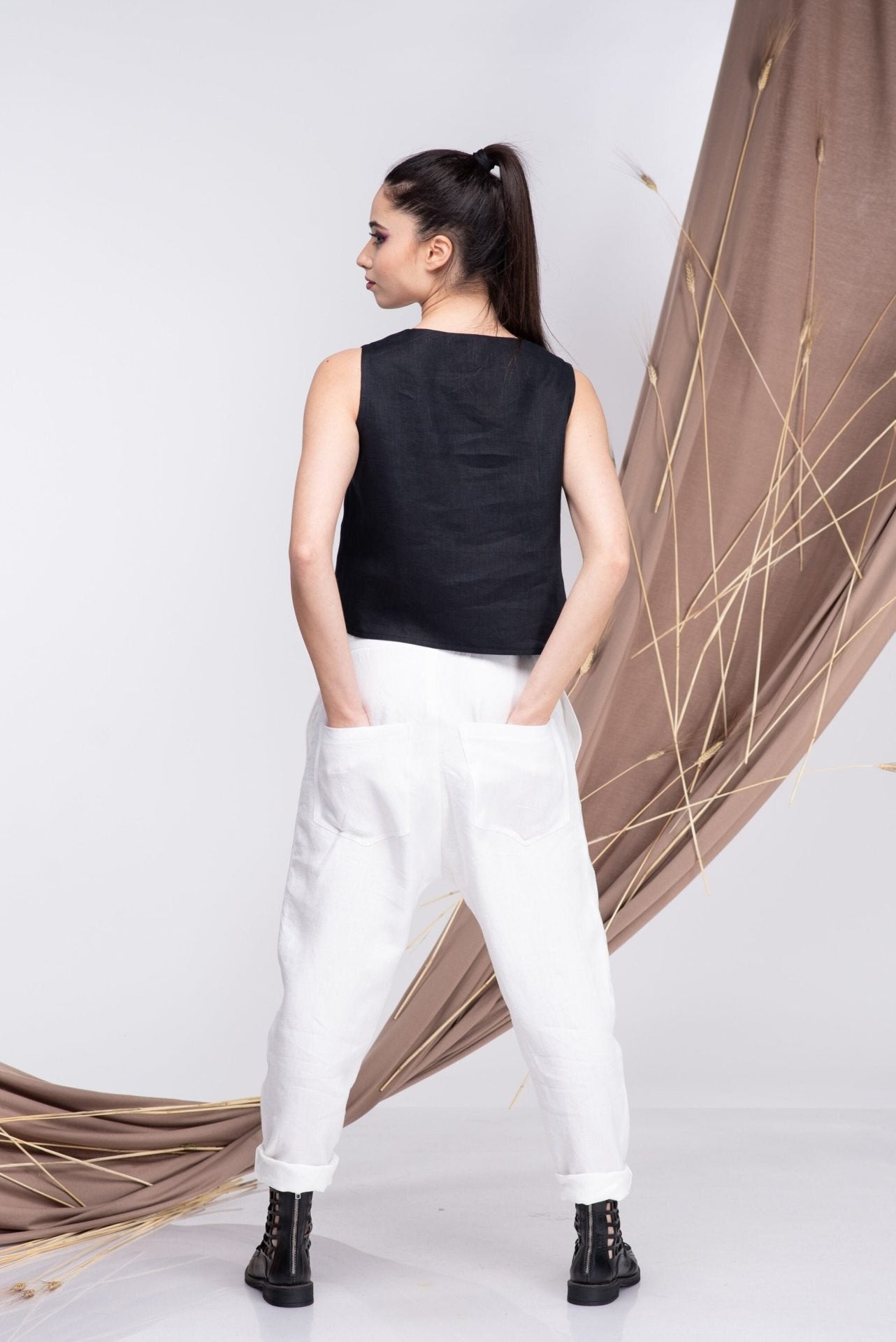 Linen Drop Crotch White Summer Casual Pants