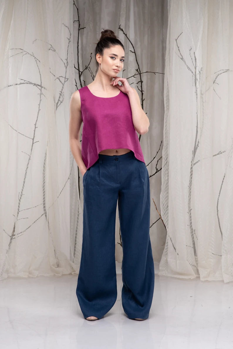 Linen Wide Leg Casual Summer Pants with Elastic Waist-Danellys-5.webp
