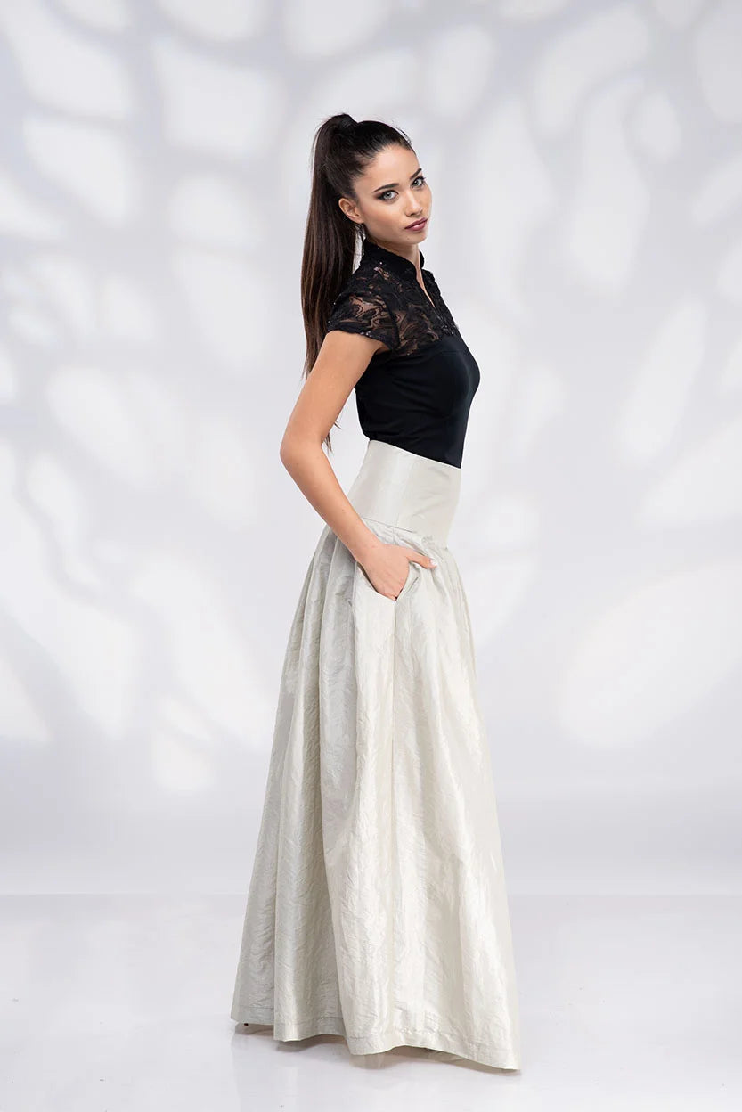 Taffeta Cream Skirt - Champagne Formal Long High Waisted