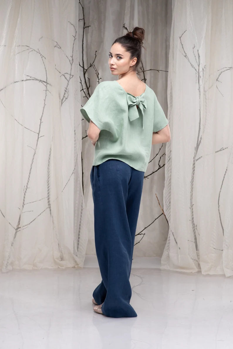 Linen Wide Leg Casual Summer Pants with Elastic Waist-Danellys-4.webp