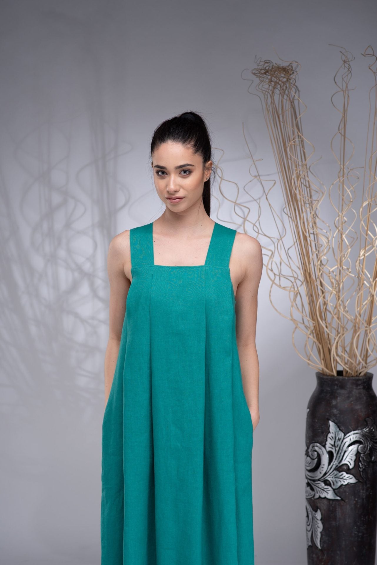 Long Linen Maxi Apron Boho Dress with Squared Neckline