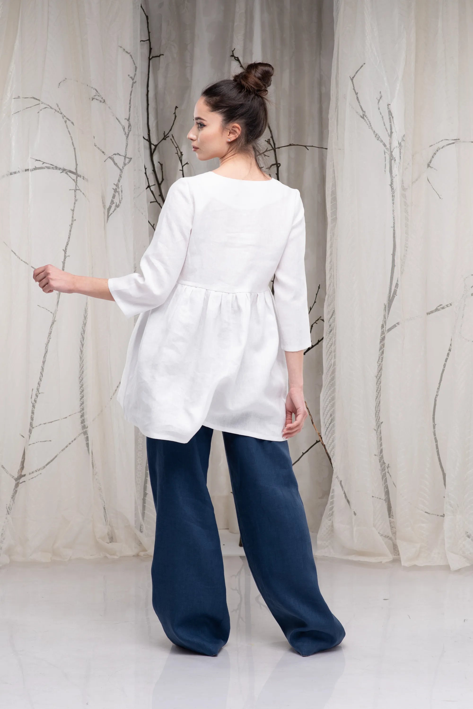 White Ruffle Linen Long Sleeves Tunic Shirt-Danellys-2.webp