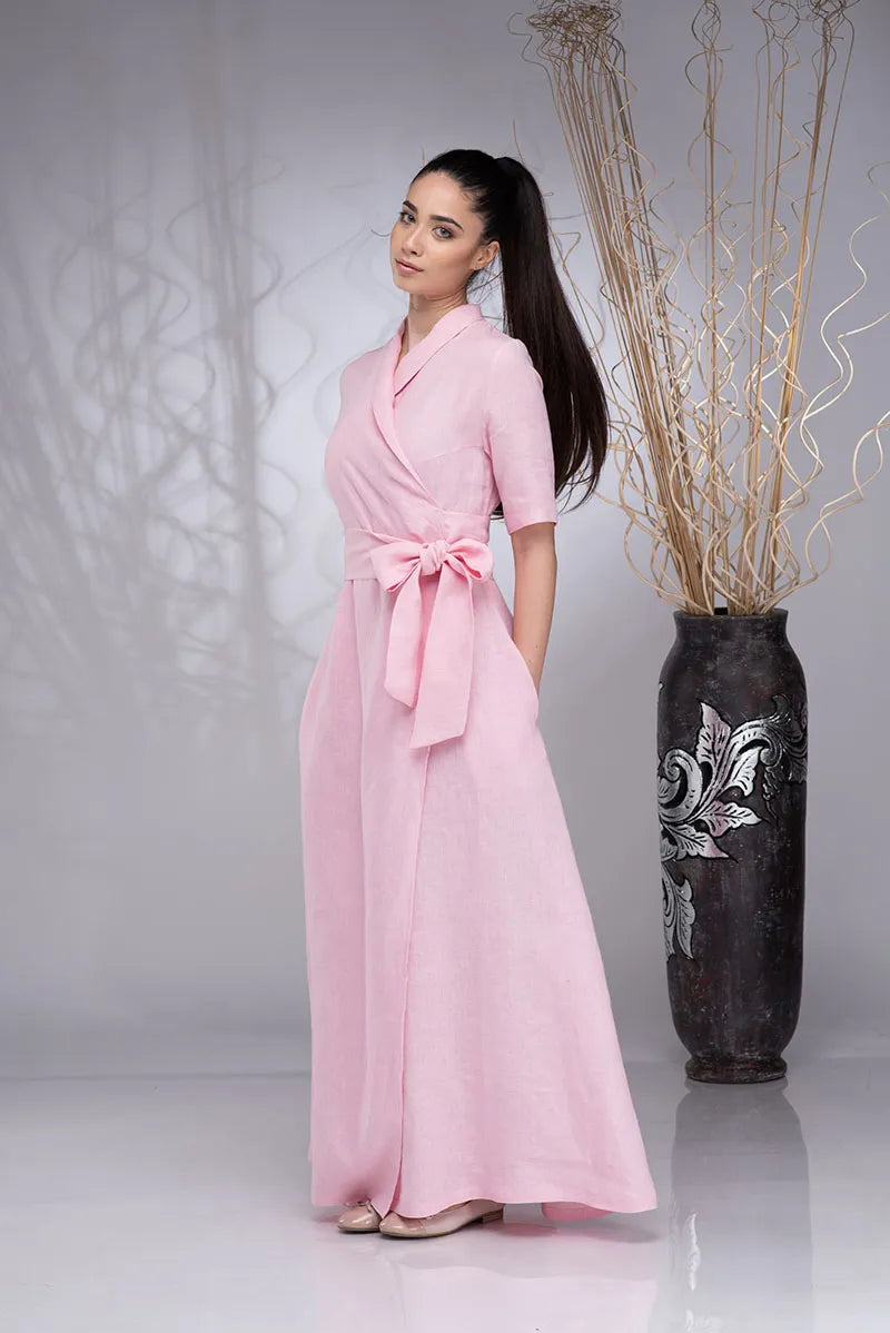 Long Wrap Linen Boho Dress with Shawl Collar and Linen Belt
