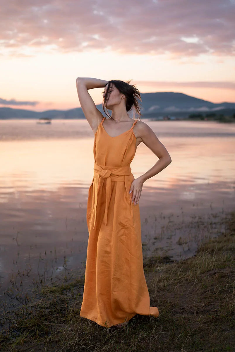 Linen Maxi Dress - Long Strappy Wrap Sundress