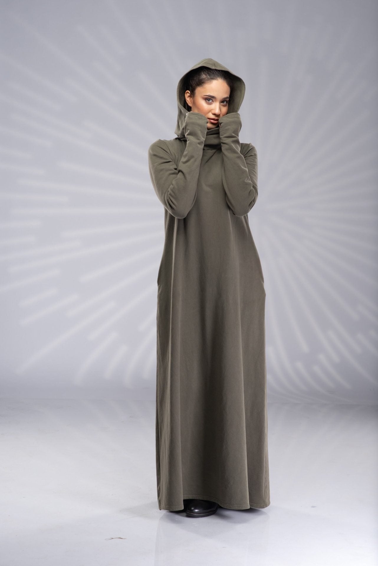 Winter Maxi Fleece Sweatshirt Dress with Hood