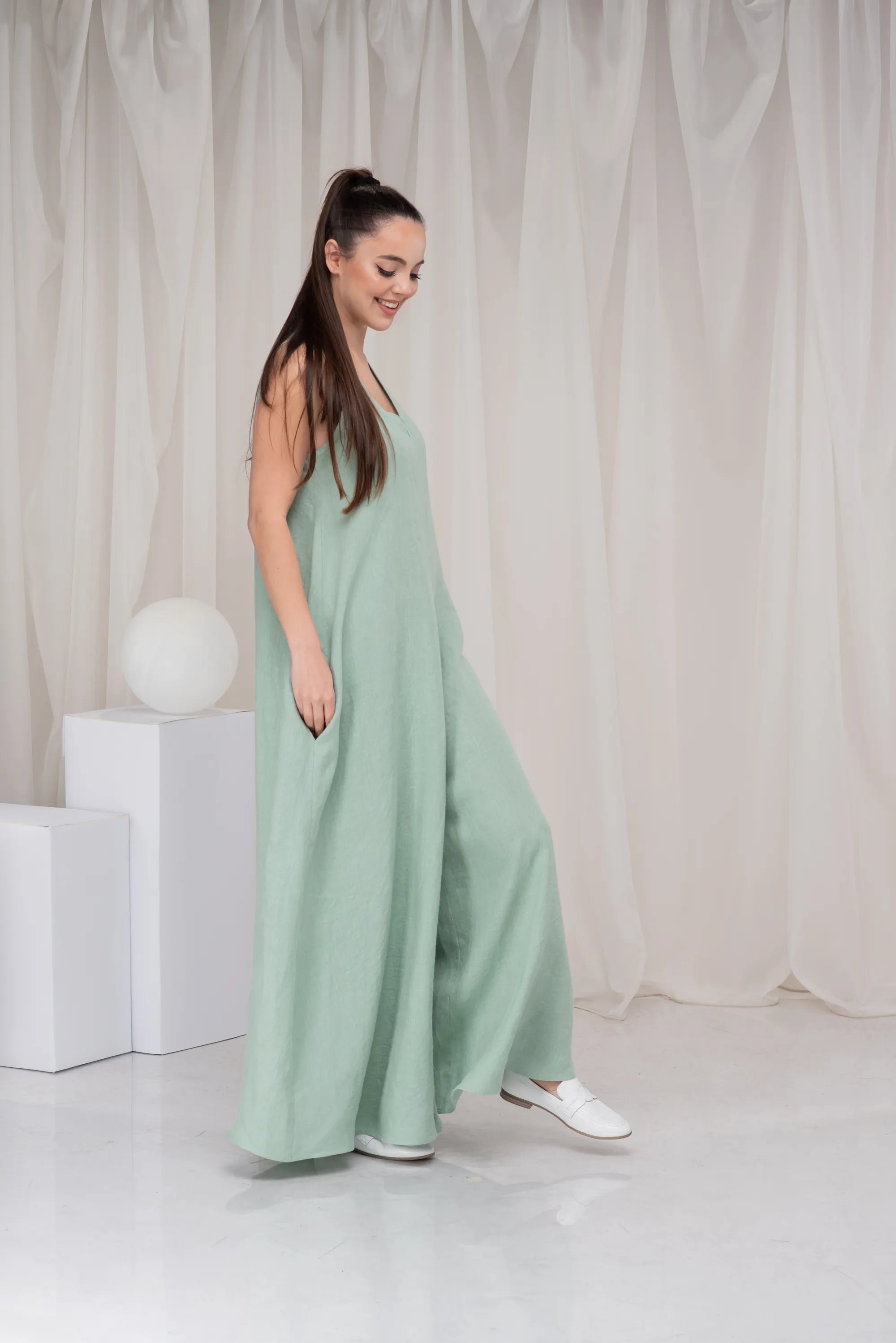 Linen Plus Size Maxi Wide Leg Oversized Palazzo Romper-Danellys.webp
